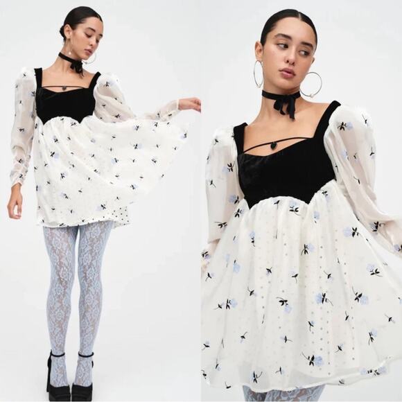 For Love & Lemons Marcella Floral Long Sleeve Sheer Puff Sleeve Mini Dress Sz S - Picture 1 of 11